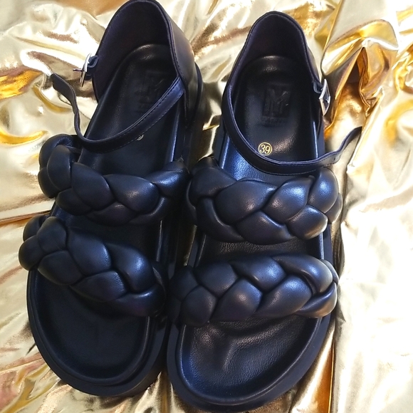 Leather Puffy Woven Platform Sandals Pillow Chunky Lug Sole - Picture 2 of 11